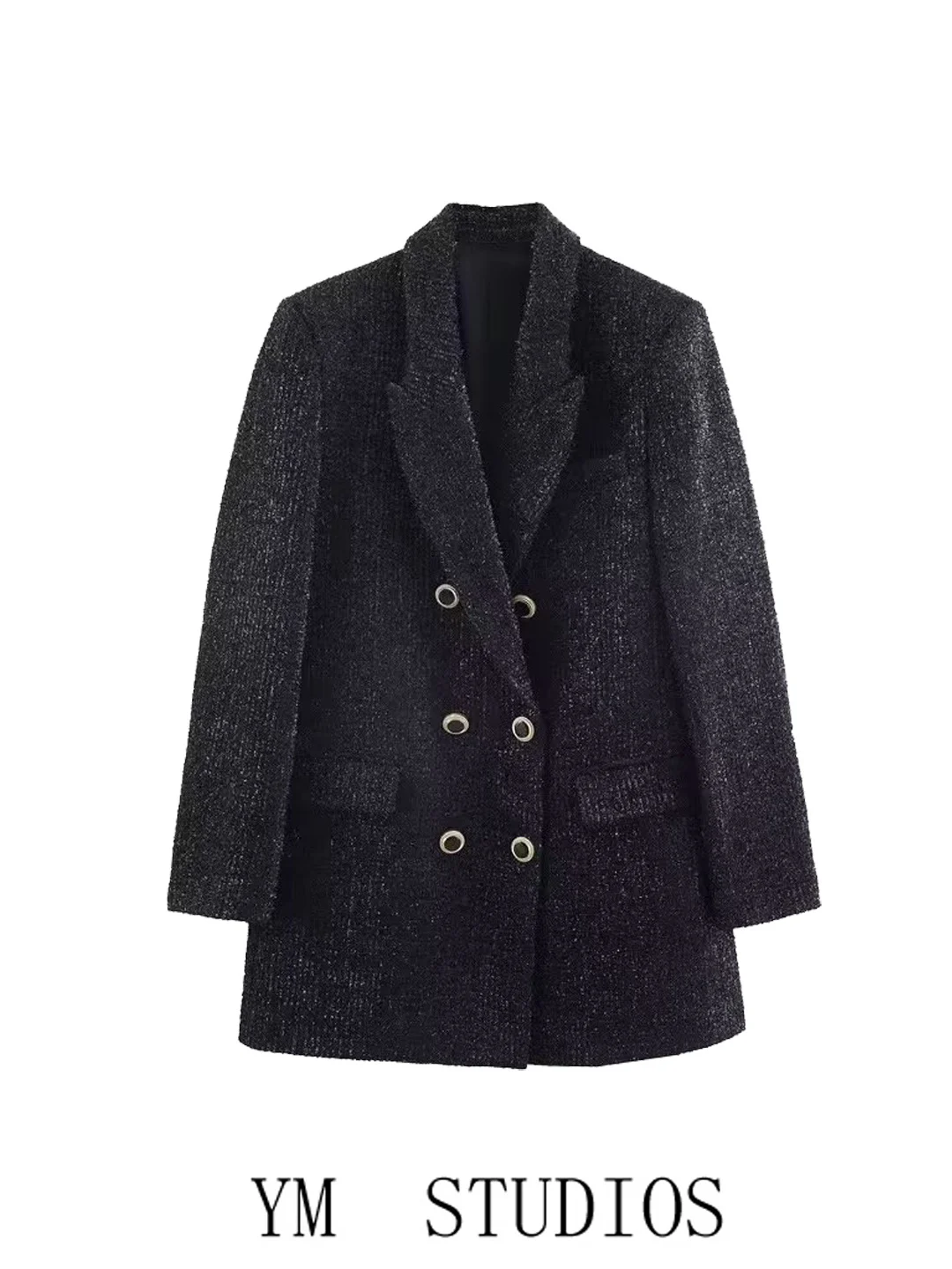 

Женский приталенный двубортный пиджак из твида Ele Bla, модная офисная одежда из полиэфирного волокна