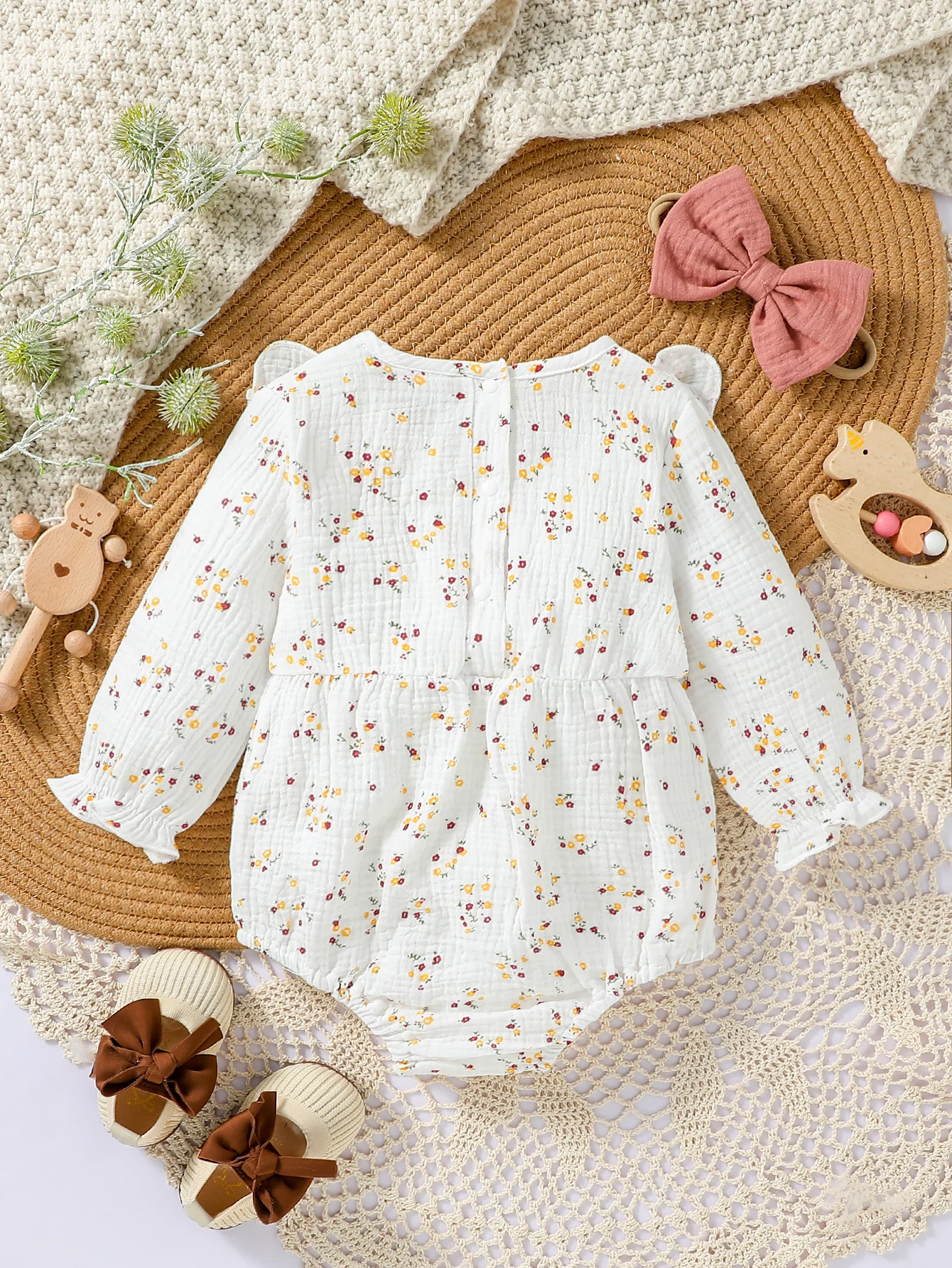 2024 Baby Girls Long Sleeve Autumn Floral Casual Cute Jumpsuit With Bow For Newborn-18M Clothing Daily Wear +Headband