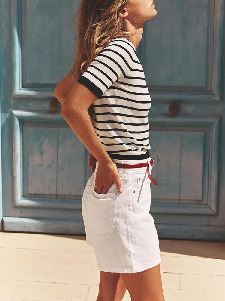 

New Summer Women's Knitted ort Sve Basic Sle Quali Top Commute Sle Slim Fit round Ne Regular Length Striped T