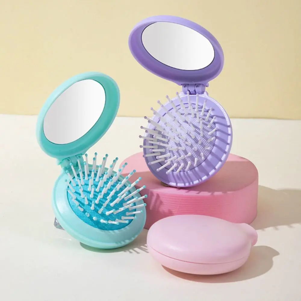 

4Pcs Round Makeup Mirror with Comb Dual Use Mini Pocket Hair Brush Scalp Massage Solid Color Air Cushion Comb