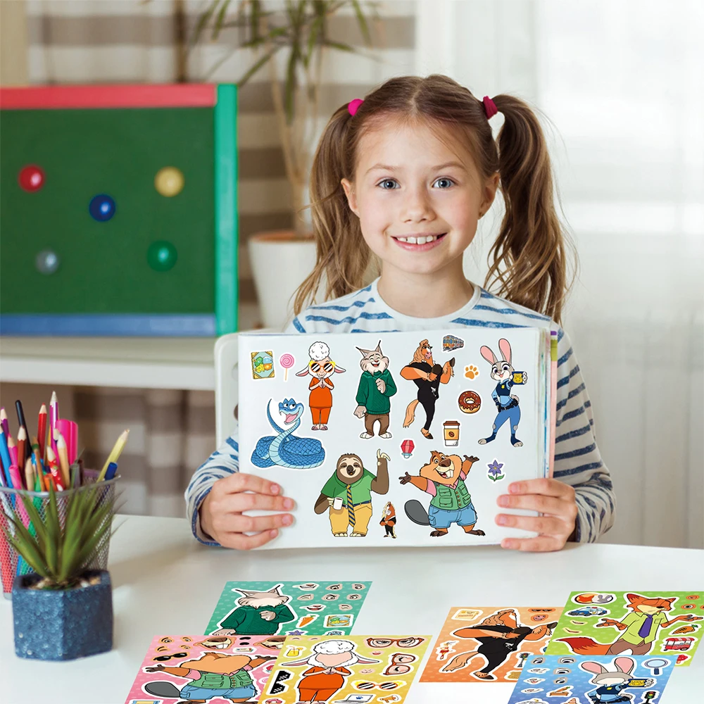 8/16sheets Disney Cute Zootopia 2 Cartoon Puzzle Stickers Make a Face DIY Funny Party Game Assemble Jigsaw Decals Decoration Toy