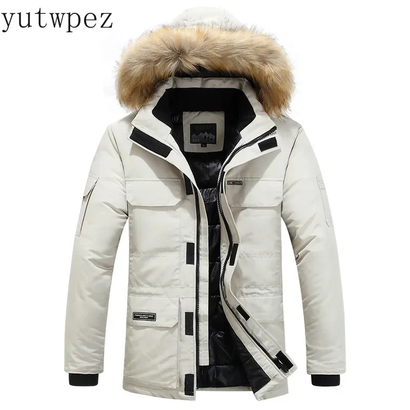 2026 Men Winter Fur Hooded Parka Duck Down Snow Jacket Windproof Thick -30℃ Warm Outerwear Ski Hiking Snowboarding Winter Travel