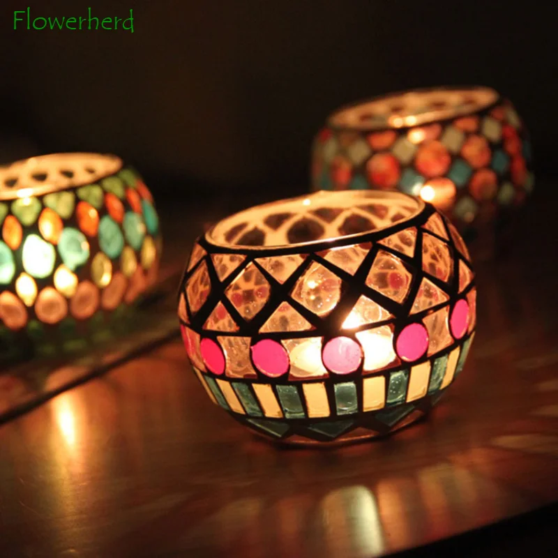 

5pcs/lot European Ball Mosaic Candle Holder Color Glass Candlestick Round Glass Candles Cup Romantic Candlelight Home Decoration