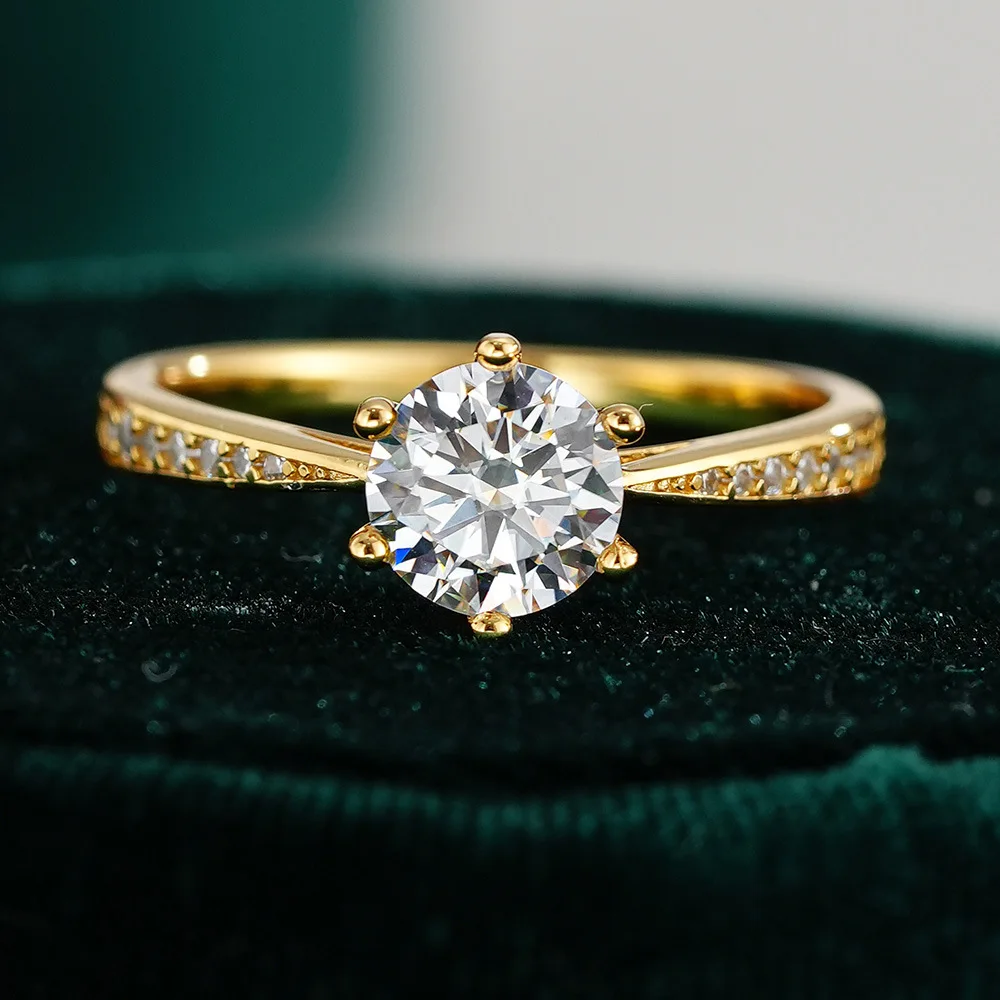 Six Claw Ring Ring 6.5mm Round 18K Gold Inlaid with One Carat Moissanite Women's Fashionable Platinum PT950 Diamond Jewelry