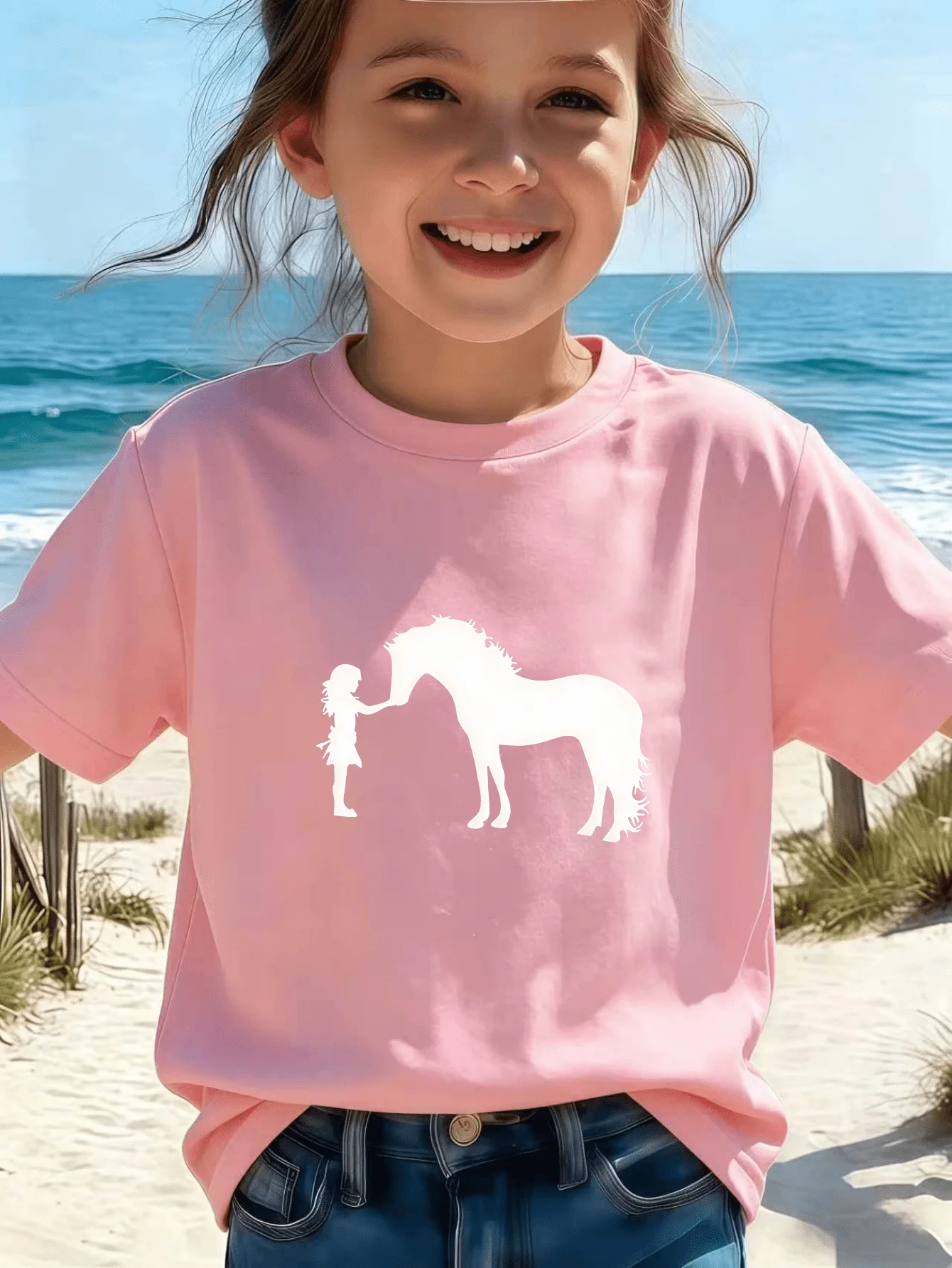 Girl And Horse Silhouette Graphic Kids T Shirt Boys Girls Short Sleeve Crew Neck Cotton Parent Matching Casual Top Toddler Youth
