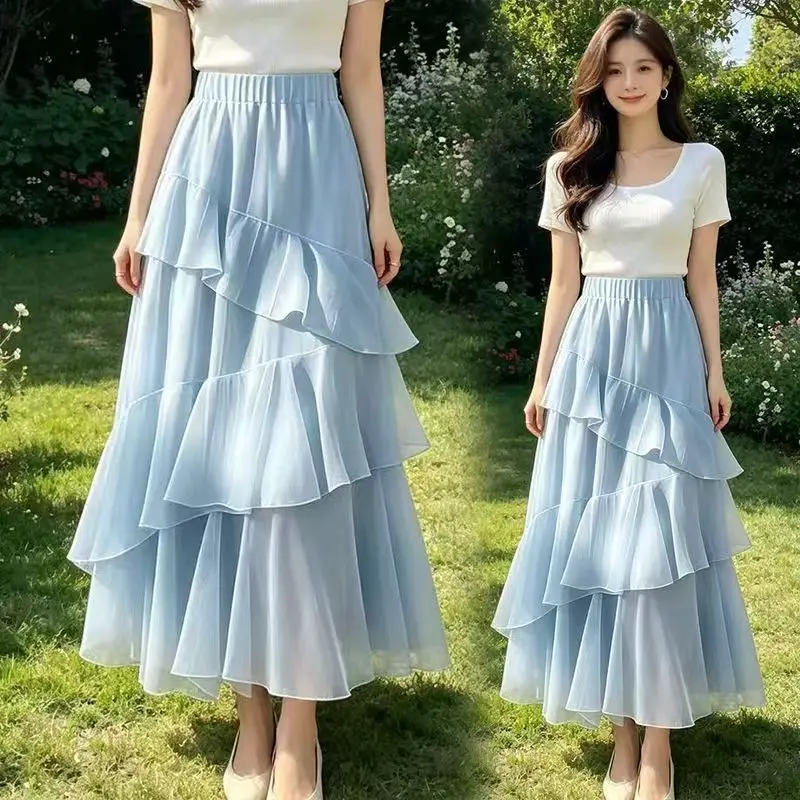 2026 Spring Summer Woman New Blue Design Beautiful Cake Skirt High Waist Chiffon A-line Elegant Lady Ruffles Casual Skirts