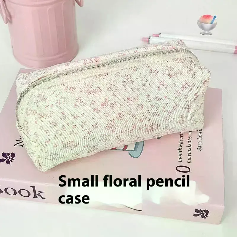 1Pcs Large Capacity Pencil Pouch Pink Small Floral Pencil Case Handheld Pen Bag Cosmetic Portable Gift For Office School Teen