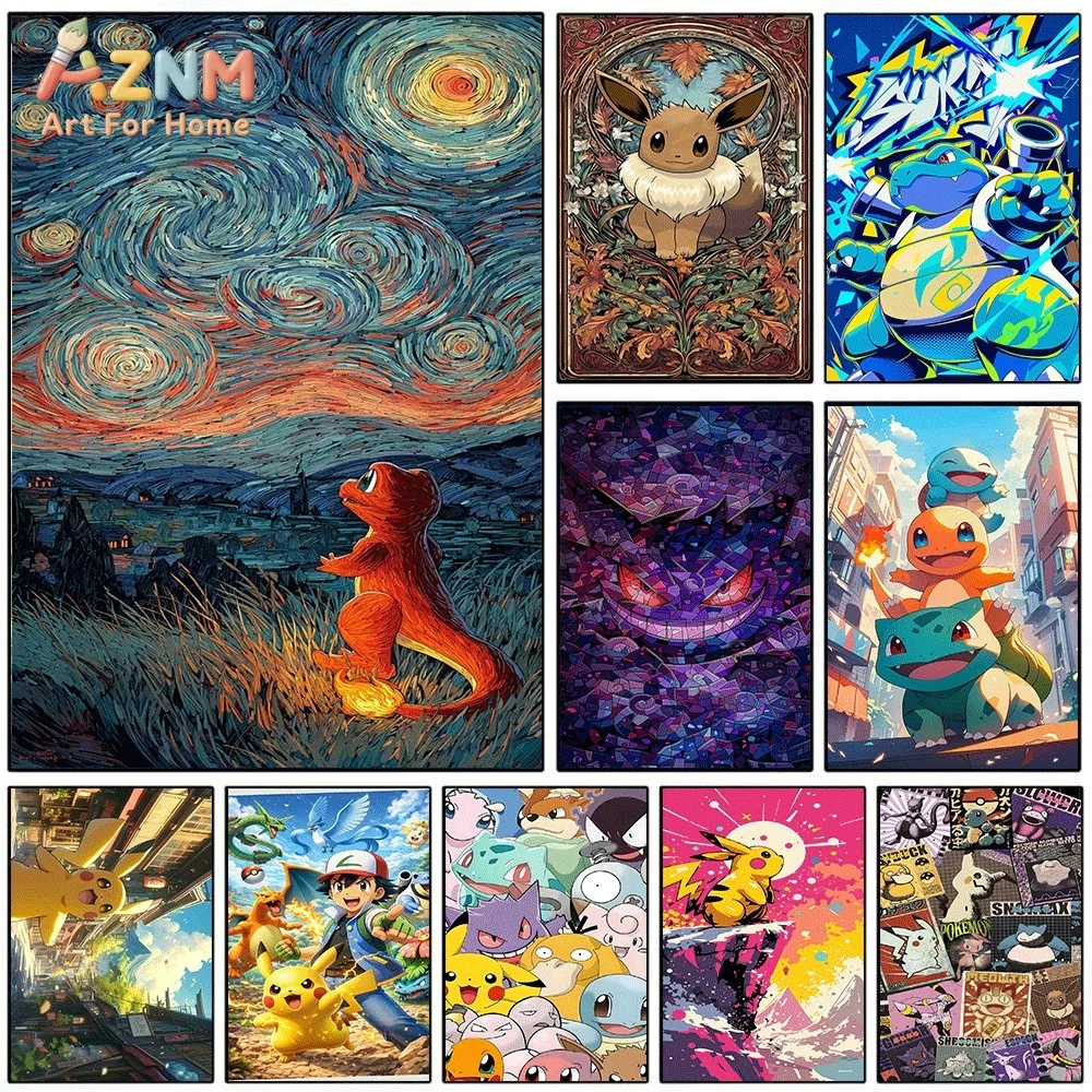 AZNM Charmander Van Gogh Starry Night Style Anime Canvas Wall Print, Game Character Art Poster, Unframed Canvas Painting for K