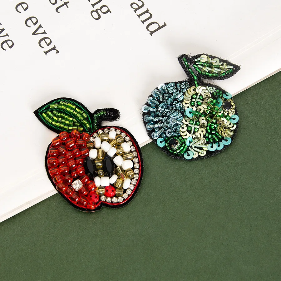 1 Pieza de Parche Cosido a Mano con Lentejuelas y Cuentas de 4-5 CM, Diseño de Manzana, para Ropa y Bolsos, Rojo y Verde, Accesorios de Decoración DIY