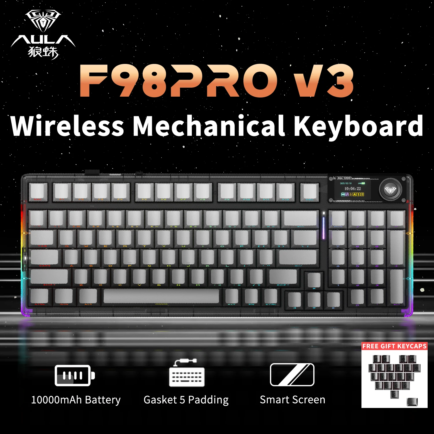 

Механическая клавиатура AULA F98 Pro V3, изготовленная на заказ беспроводная игровая Bluetooth-клавиатура с RGB-подсветкой и экраном и ручкой