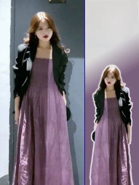 

plus Size Women's Korean Sle Suit Jaet And Purple Strap Dr Two Piece Set Faionable Versatile Winter High Waist