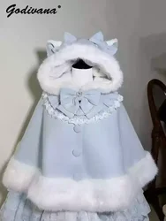 Sweet Cute Woolen Cloak New Winter Soft Girl Lolita Hooded Furry Short Jacket Bow Women's Poncho Loose Cape Coat