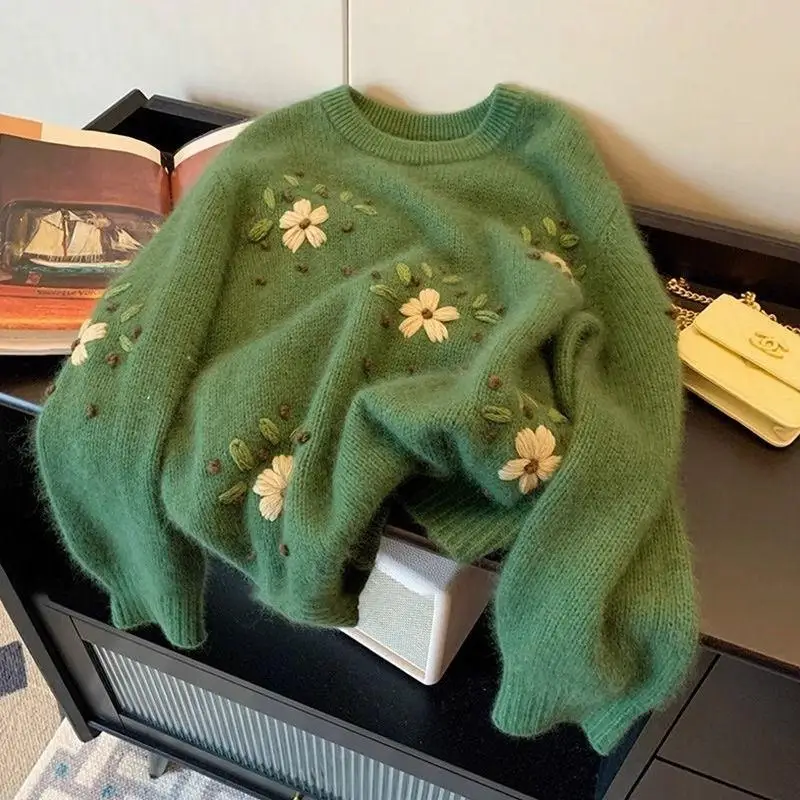 

Women's Vintage Green Flower Embroidery Knitted Sweater Autumn Casual Warm Top Female Long Sleeve Knitted Pullover 2000s Clothes