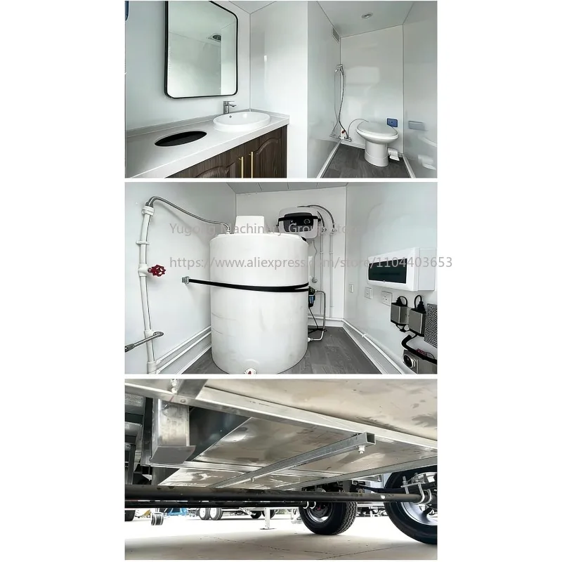 Trailer de Banheiro Móvel para Eventos ao Ar Livre, Trailer Sanitário Premium com Tanques de Água Limpa e Esgoto Completos