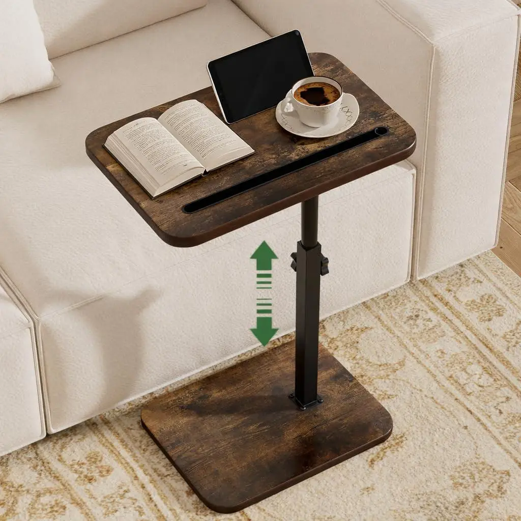 360° Swivel Adjustable Height TV Tray Table Bedside Laptop Couch Desk with Phone Tablet Slot Foldable Sofa Side End Table for Small Spaces Living Room Bedroom Furniture