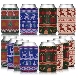 12Pcs/Set Can Cooler Sleeve, Vintage Reindeer Christmas Tree & Gifts Knitted Sweater Design,Bridal Shower Party Favor Decoration