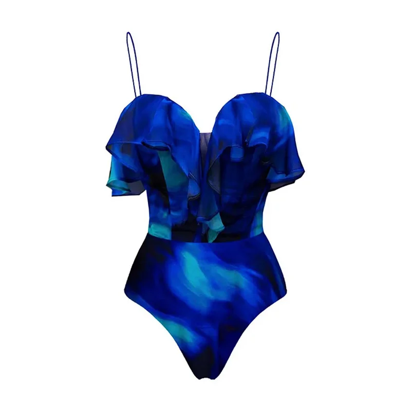 Blue Sexy Sexy Push Up One Piece Swimsuit and Skirt Ruffle Women Swimwear Monokini Bathing Suit One Piece Beachwear Dress