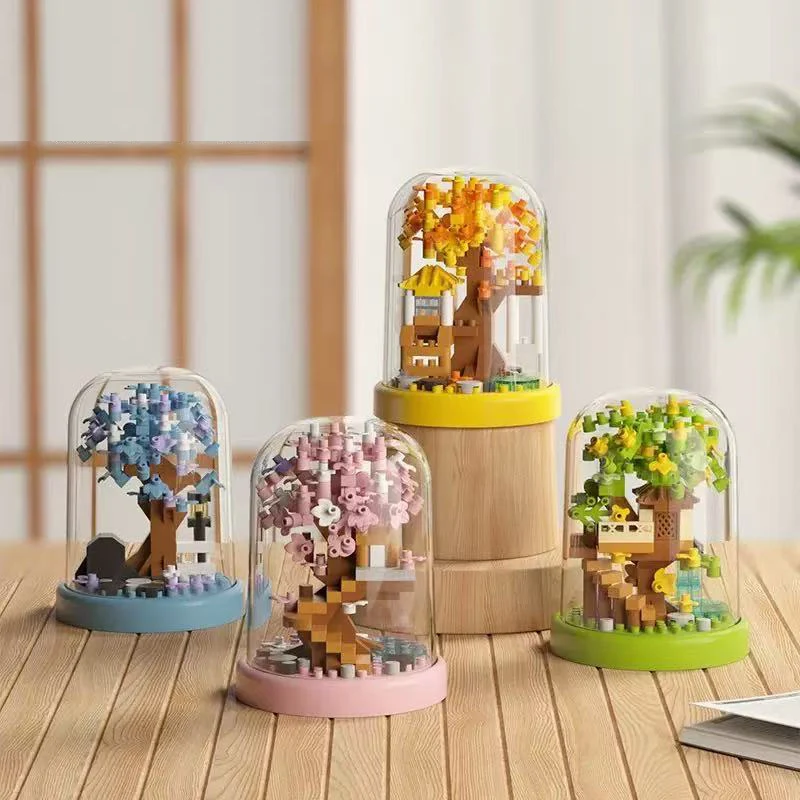 Maison dans les arbres quatre saisons, blocs de construction, vue sur la rue, Micro particules, jouet éducatif, modèle cadeau