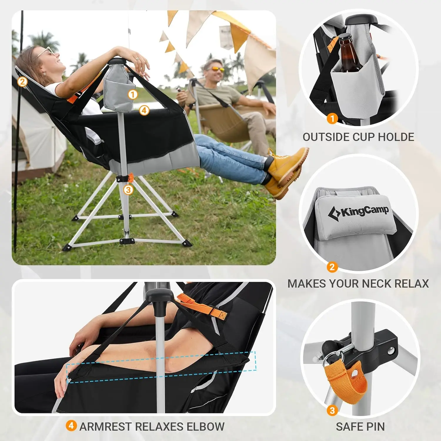 Hammock Camping Chair Swinging Rocking Chair for Adults Lawn Beach Portable Folding Chair with Adjustable Back Support Carrying