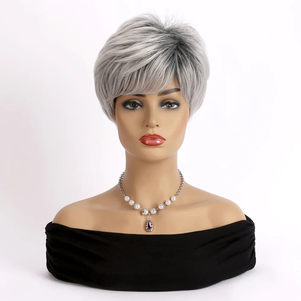 Short Silver Gray Wigs Pixie Cut Synthetic Wigs with Bangs for Black Women High Temperature Daily Fake Hair