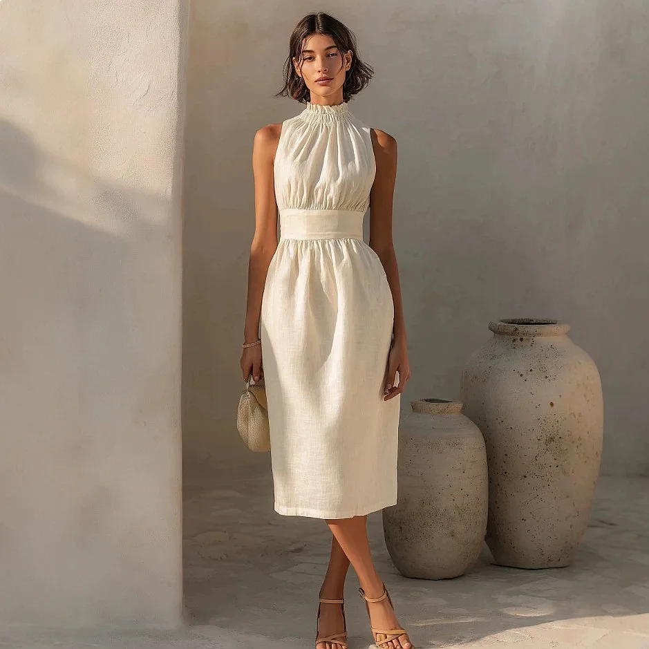 Sleeveless Round Neck Smocked Casual Bodycon Midi Dress Dresses Spring Summer