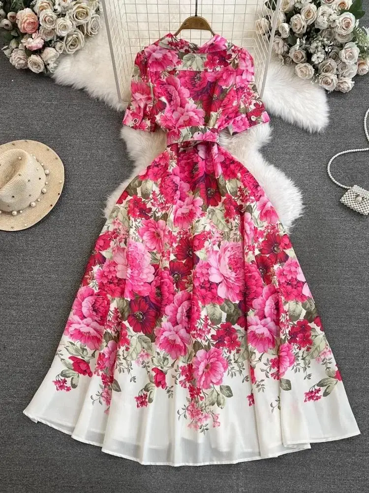 Summer Vintage Court Floral Print Dress Women's Notched Collar Short Sleeve Pearls Single Breasted Belt Boho Maxi Long Robe
