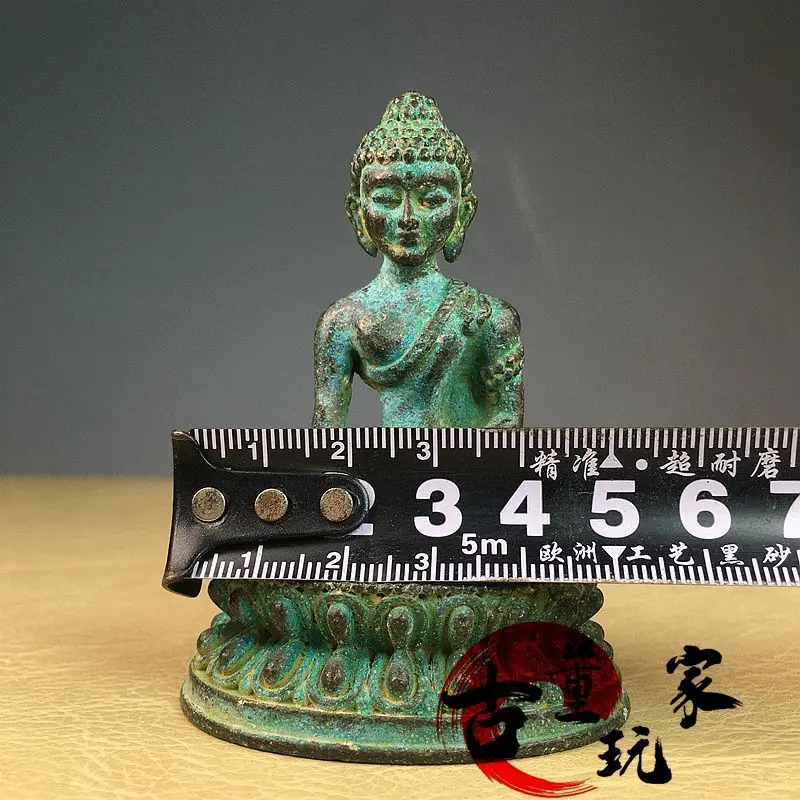Vintage engraving, bronze color, green rust, pulp, Sakyani pharmacist Buddha Tibetan legend portable medicine king