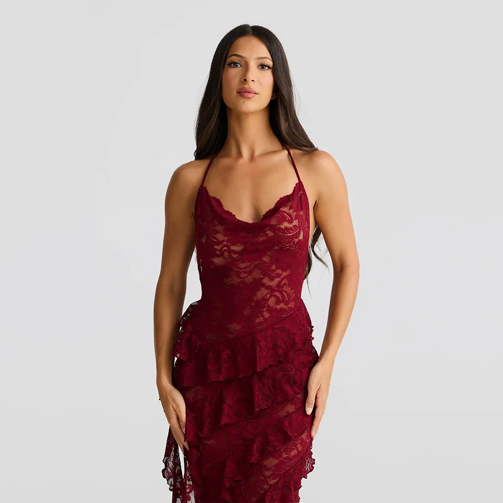 2025 Summer Autumn Sexy Lace Y2K Spicy Girl Dress Halter V-neck Backless Bodycon Evening Gown Maxi Dress Party Long Dress