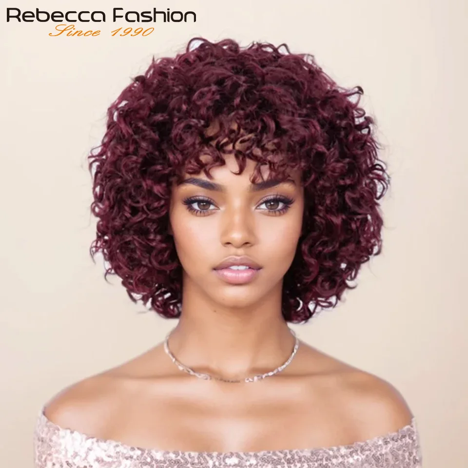 

Rebecca Short Curly Bob Wigs Human Hair Full Machine Made Bob Wigs Malaysian Natural Hair Wigs Glueless Wigs Human Hair Burgendy