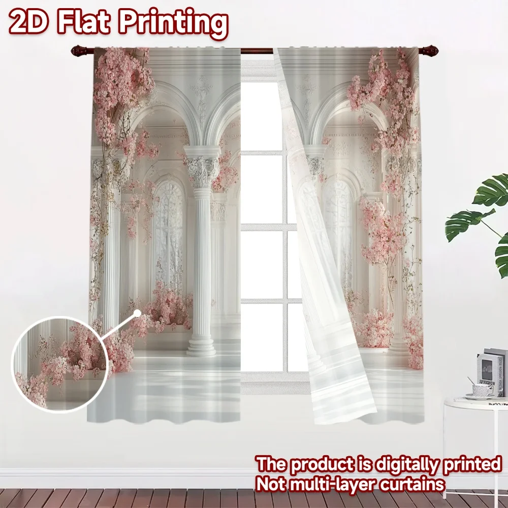 2D flat 2pcs Curtain Vintage drapes and curtains Spring Blossom Arches Digitally printed polyester, colorfast Party & Holiday
