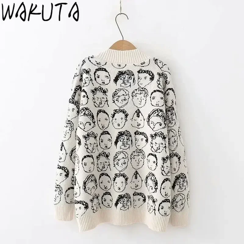 WAKUTA New Funny Cartoon V Neck Cardigan Female Knitwear Japanese Fall Winter Casual Loose Knit Jacket Sweater for Women
