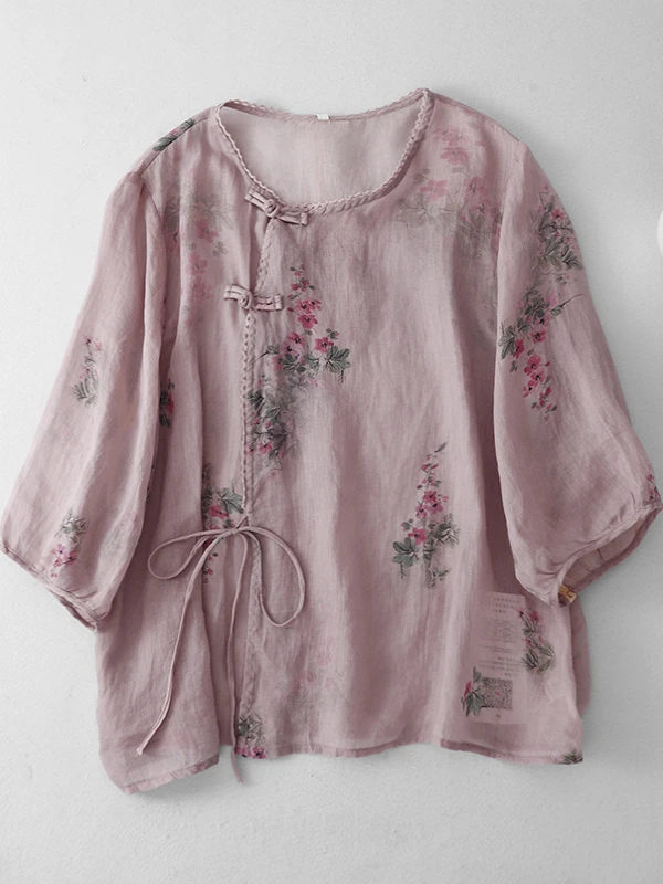

New Chinese Sle Women's Large Size irt with Button Design Artistic Zen Tea Clothing Linen ort Sve round Ne Top