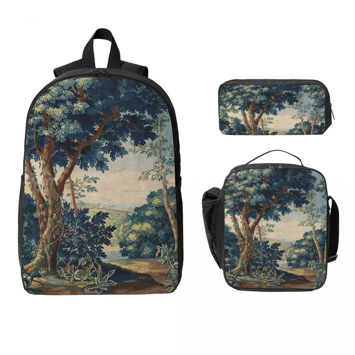 TREES IN WOODLAND LANDSCAPE Antique Flemish Backpack BookBag School Bag Shoulder Bags 3ps Insulated Lunch Bag Pencil Case