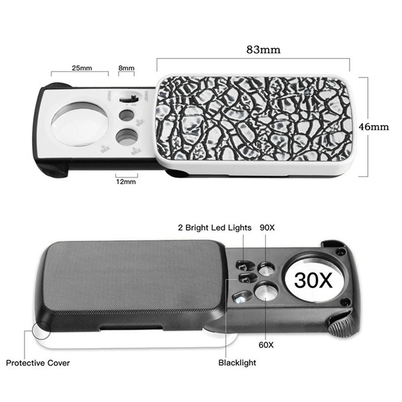 2Pcs 30 Times 60 Times 90 Times Slide-Out Jewelry Magnifying Glass With LED Lamp Folding Jewelry Magnifying Glass Durable