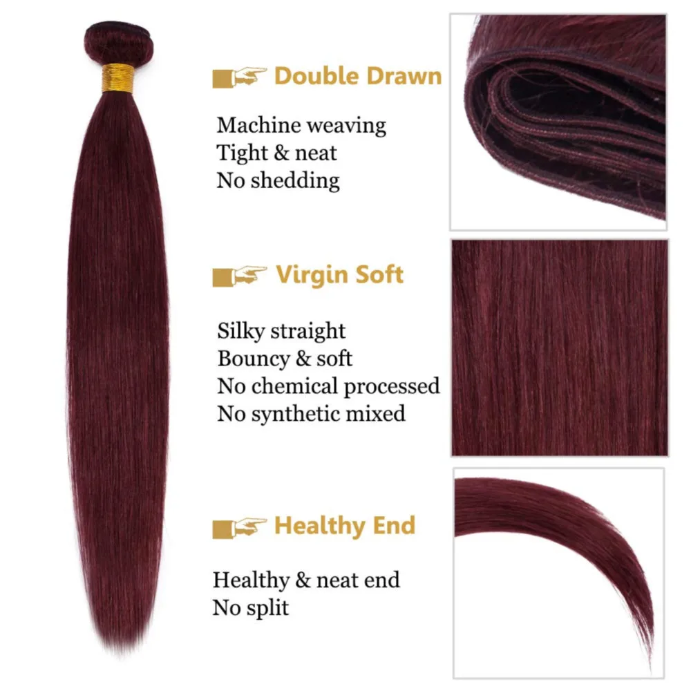 Extensiones de cabello humano brasileño sin procesar para mujer, mechones rectos 100%, color rojo vino borgoña # 99J, 20, 22 y 24 pulgadas