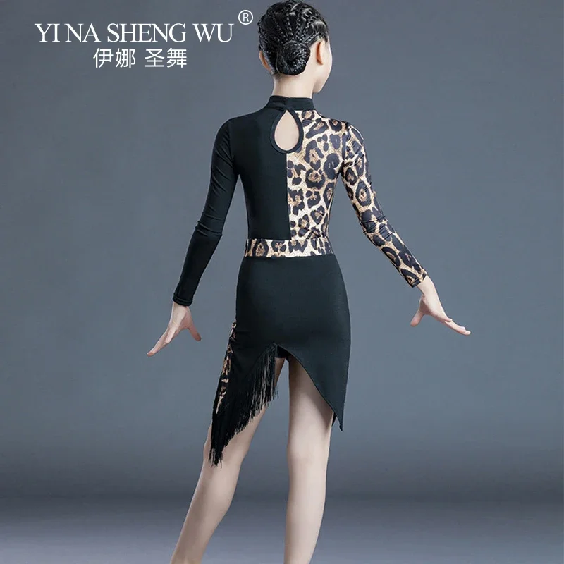 Costume d'entraînement de danse latine professionnel pour enfants, jupe body à franges imprimé léopard, Costume d'examinations classés de danse pour filles