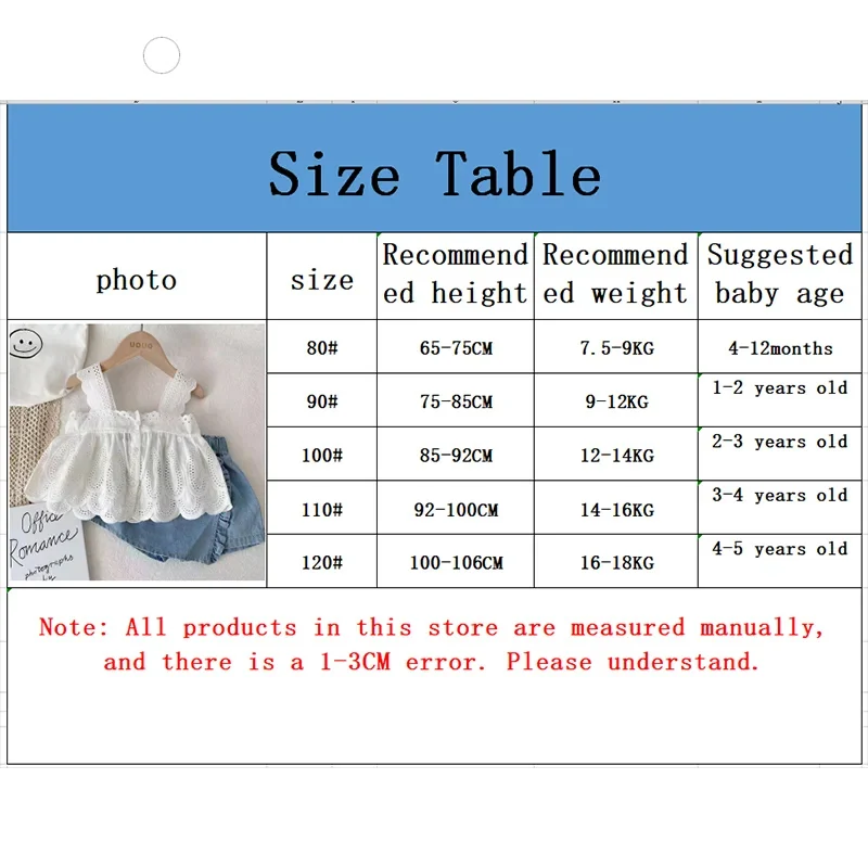 Girls Outfit Sets Summer Kids Clothes Girls Lace Edge Pure White Baby Girl  Casual White Suspender+Denim Skirt Children\'s