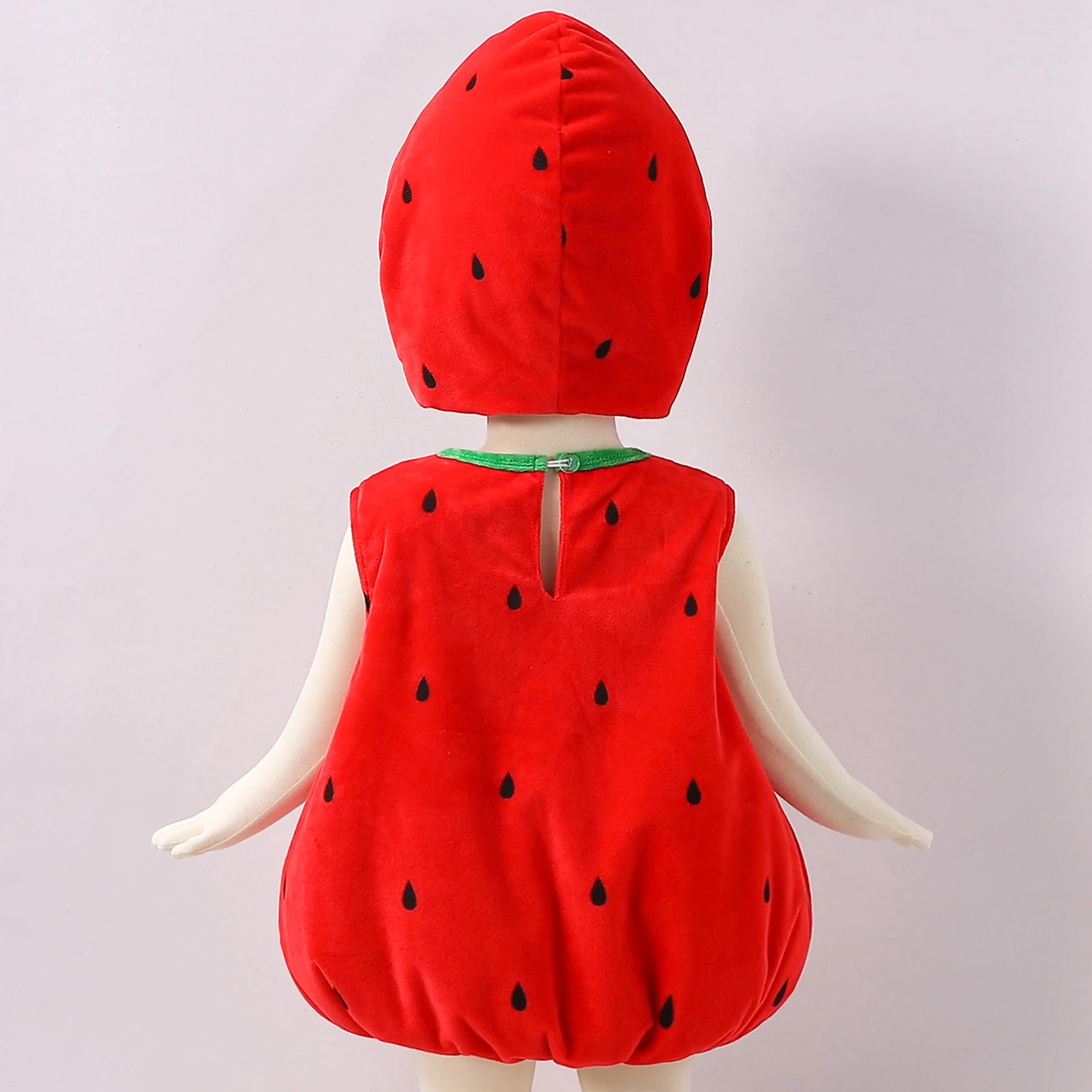 2025 hot Halloween Cosplay Clothes Baby Boy Girl Strawberry Costume Set Fleece Leaf Trim Sleeveless Strawberry Romper with Hat