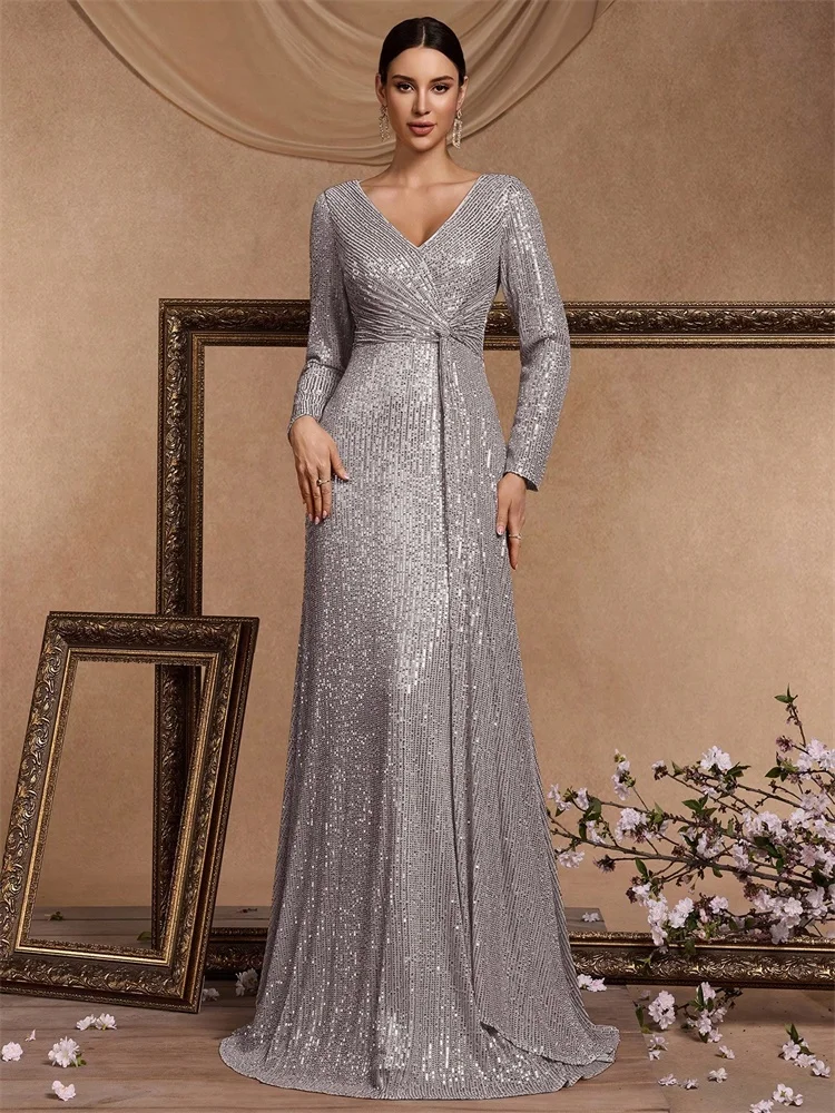 

Luxury Grey Evening Dresses Women Elegant 2025 Long Sleeve Mermaid Formal Sequins Prom Wedding Party Cocktail Graduation Gowns