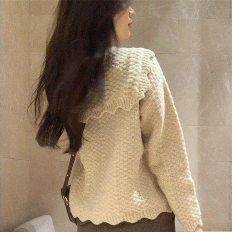 Peter Pan Collar Preppy Style Knitted Jacket Solid Color Single Breasted Sweater Jacket 2023 Women's Loose Casual Cardigan Coat