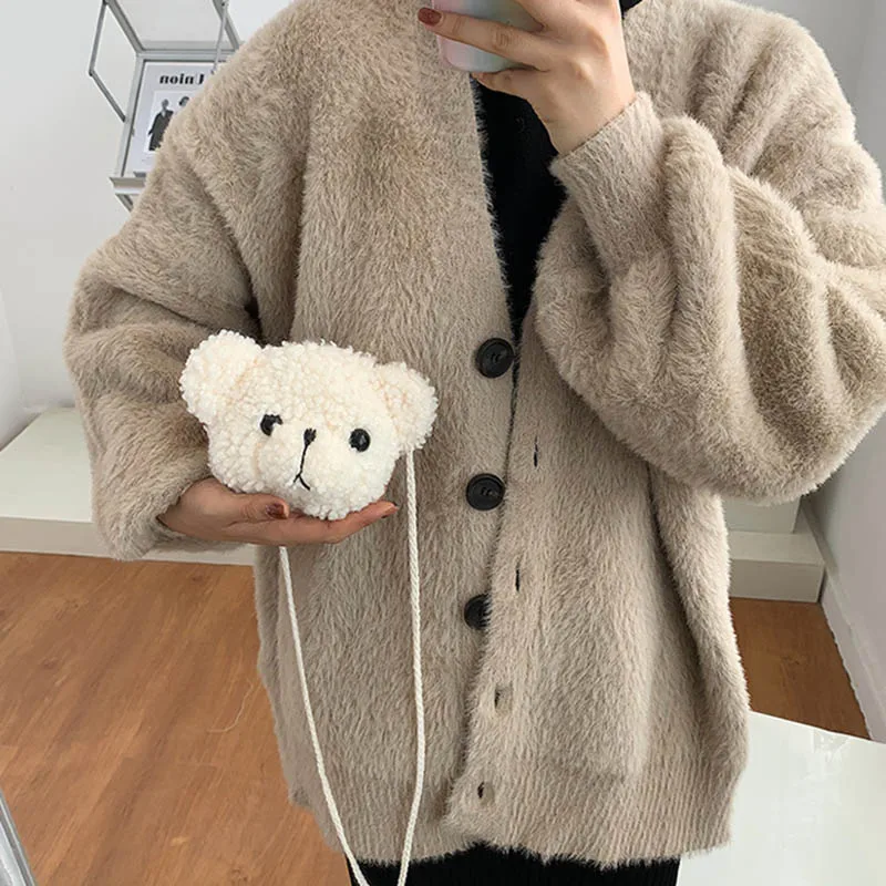 Bolso de hombro de felpa de oso lindo para niños, bolsos de mensajero de dibujos animados, monederos de felpa kawaii, mochila de animales de peluche