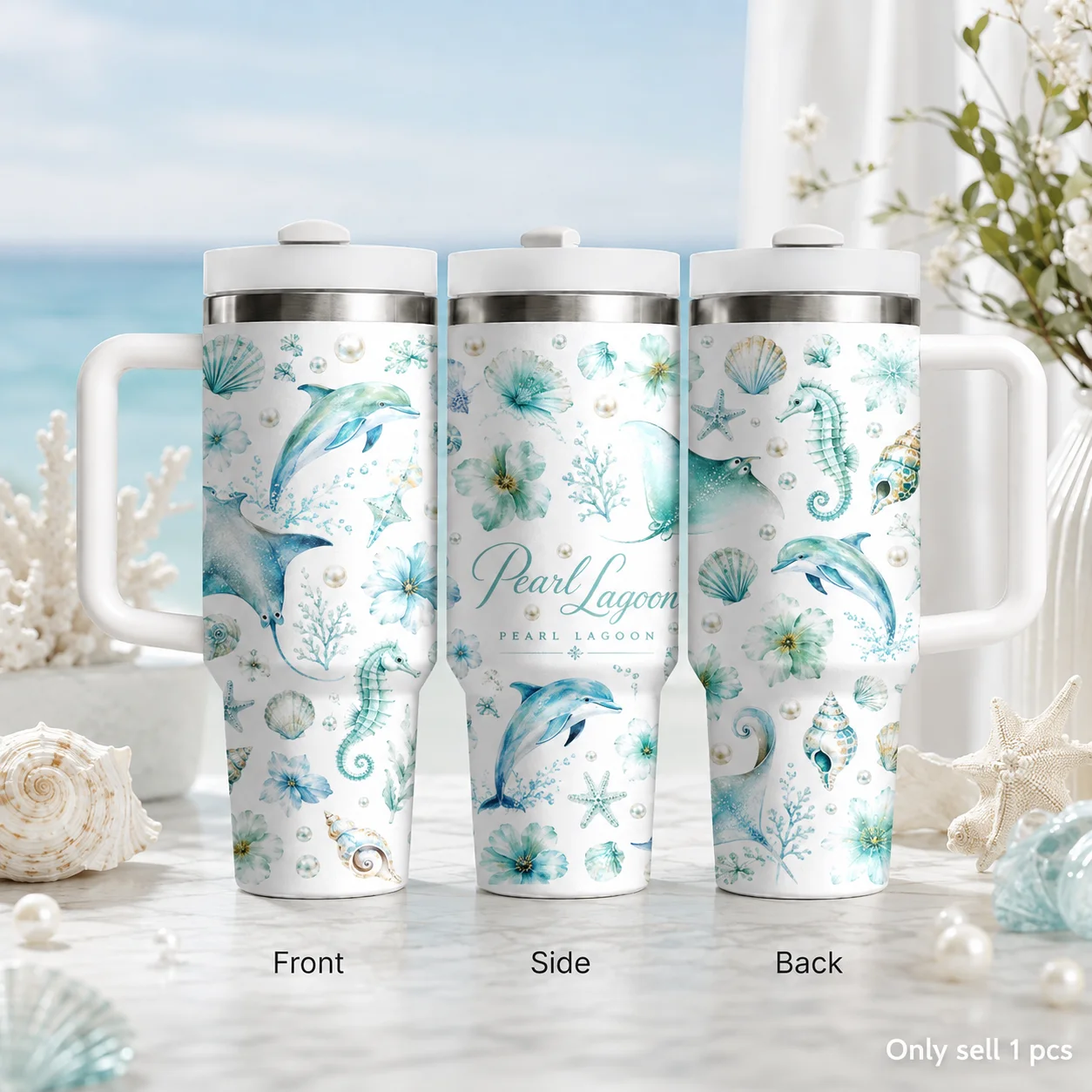 Pearl Lagoon Dolphin Seahorse Vacuum Flasks 40oz Stainless Steel Insulated Tumbler With Handle & Straw Leakproof Travel Mug