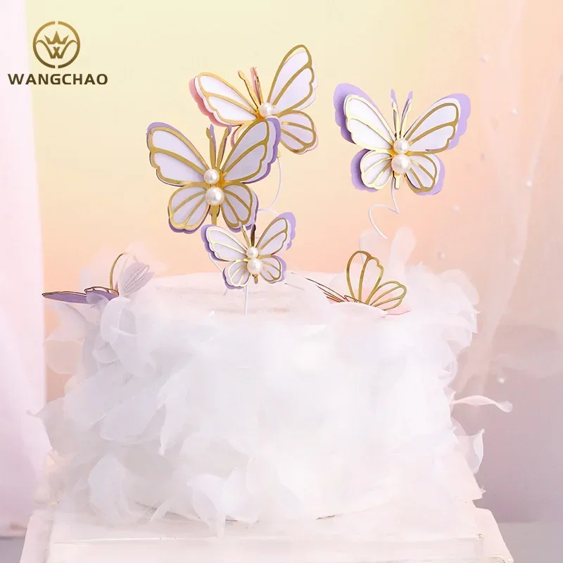 Pearl Butterfly Cake Topper Happy Birthday Romantic Wedding Baby Shower Baking Decoration Party Favors