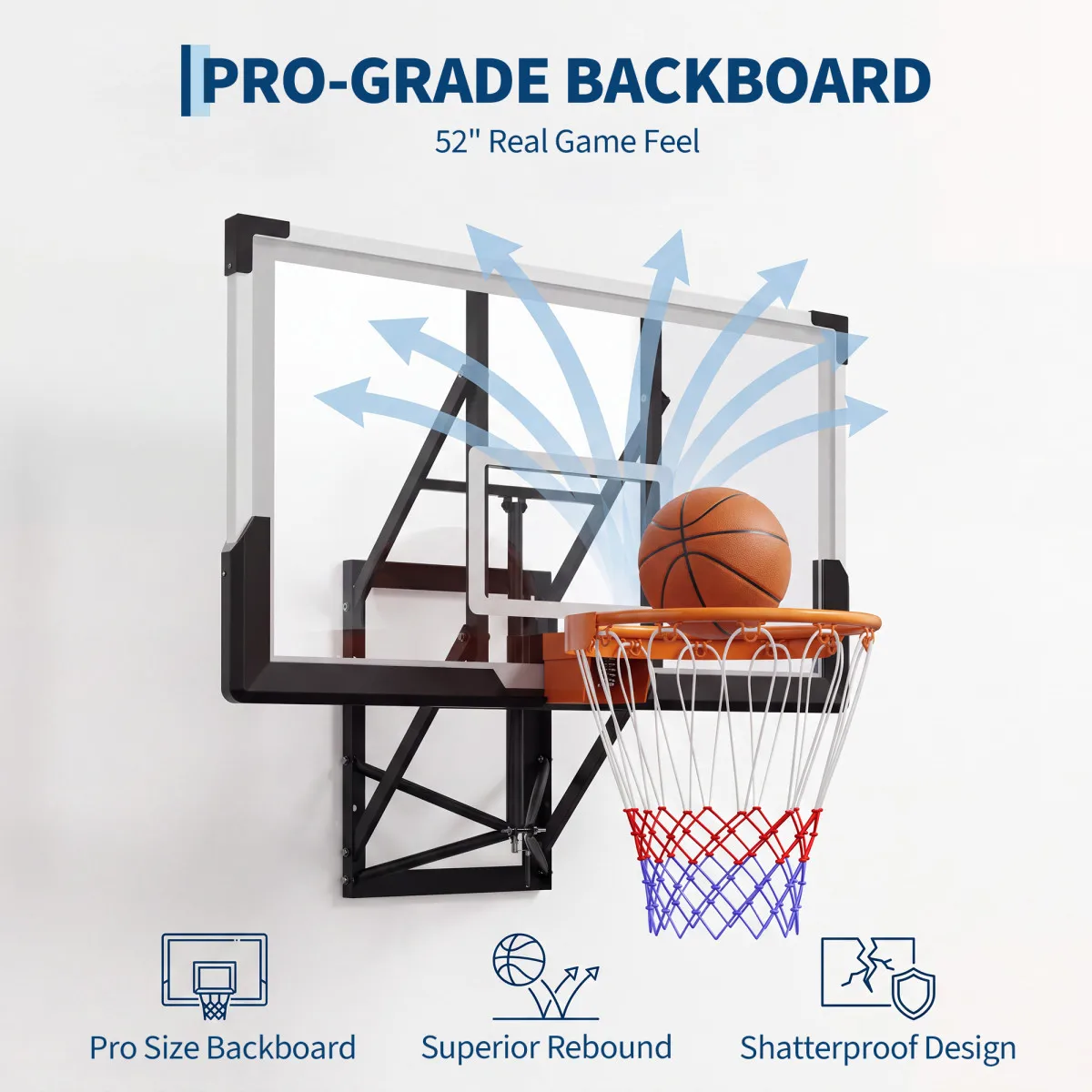 Adjustable Wall-Mounted Basketball Hoop – 52" Backboard, Height from 8 to 10 FT for Indoor & Outdoor Play - view 3