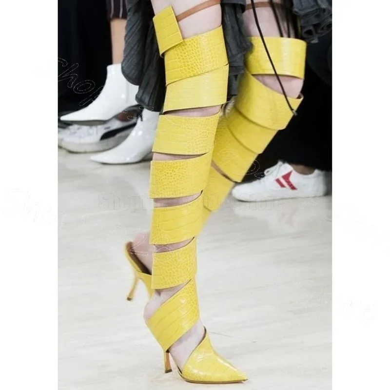 

Yellow Hollow Design Pointed Toe Twine Boots Slip On Women Shoes Thin High Heels Fashion Party Runway 2025 Zapatos Para Mujere