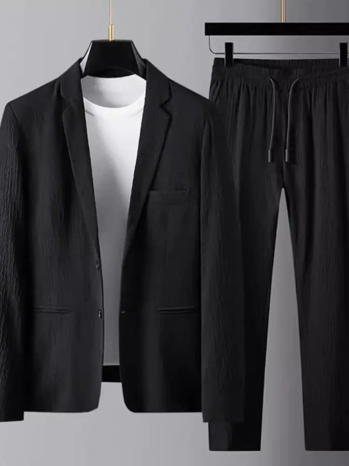 

plus Size 300 Pou Korean Sle Lightweight Pleated Summer Long Sve Long Pants Set Men's Faion Trend Two-Piece Set