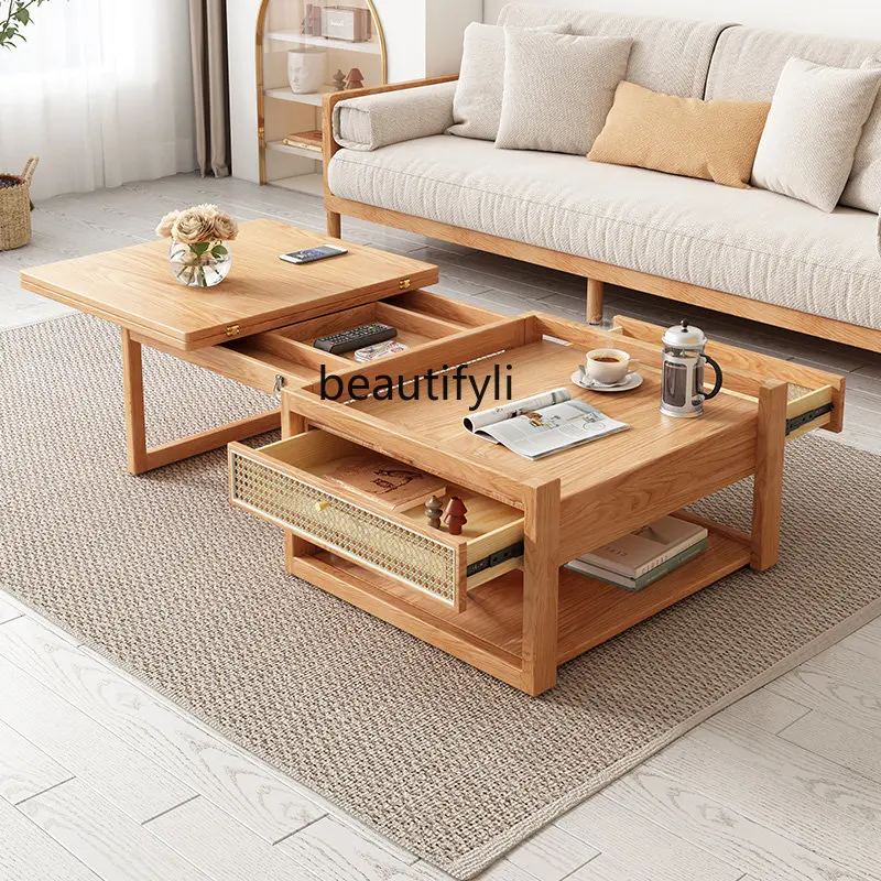 

yj Japanese-Style Simple Log Style Lifting Coffee Table Integrated Solid Wood Tea Table Combination