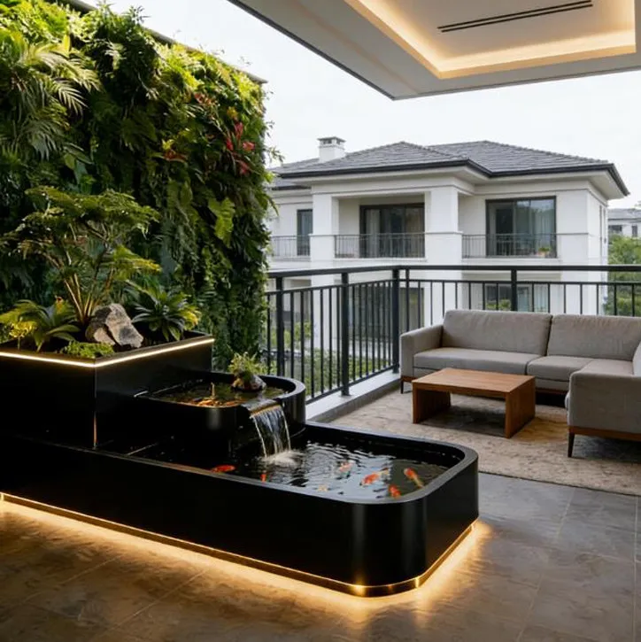 Modern Stainless Steel Balcony Water Feature Fish Tank Planter Combo Outdoor Patio Garden Pond Fountain Home Decor