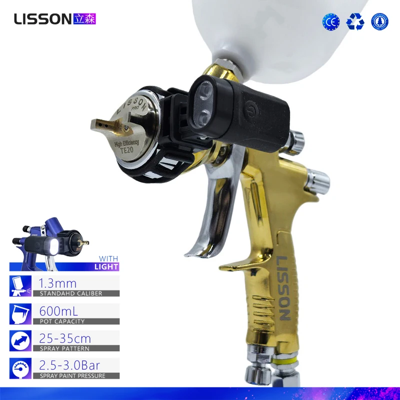 

Pro 1.3mm HVLP Spray Gun with LED Light – Glossy Gold, High Atomization Pneumatic Tool for Auto & Wood Finishing