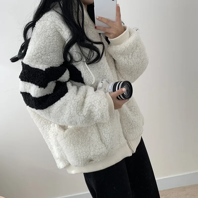 Casual Loose Zipper Coat Fashion Thick Cotton Jacket Women Winter Color Matching Parallel Bars Arrow Corduroy Cotton Jacket New